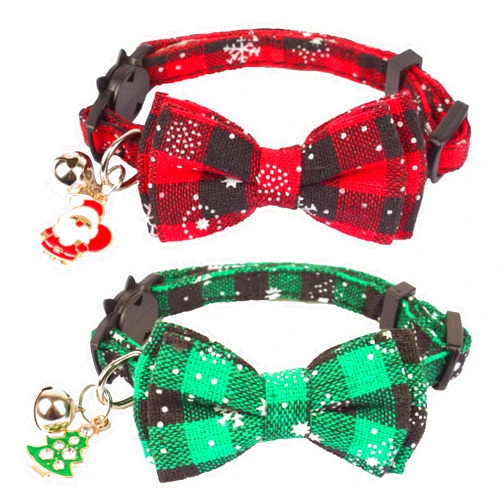 ADOGGYGO Christmas Cat Collar Breakaway with Cute Bow Tie Bell - 2 Pack Kitten Collar Red Green Plaid Xmas Kitten Collar with Removable Bowtie Cat Bow Collar for Cats Kittens (7.5