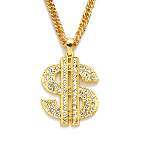 HUITIAN INTL Gold Chain with Dollar Sign Big Money Necklaces for Men Women Stainless Steel Rhinestone Jewelry Fashion Pendants with 28 Inches Cuban Chain (Gold)Spinner Dollar Sign Necklaces 36 Inches