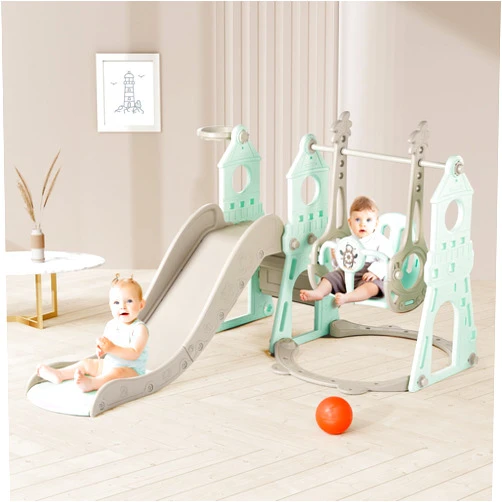 Duke baby 4-in-1 Toddler Slide and Swing Set with Extra Large Playground, Basketball Hoop & Climber, Indoor/Outdoor Playset, Castle Collection – Mint Green