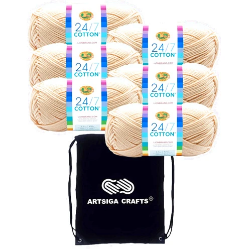 Lion Brand Yarn Lion Brand 24/7 Cotton Ecru 761-98 (6-Skeins - Same Dye Lot) Worsted Medium #4 Cotton Yarn for Crocheting and Knitting with Project Bag