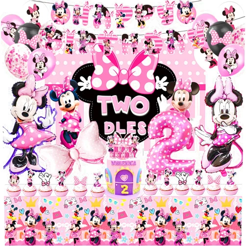 Viitipar 2nd Minnie Birthday Party Supplies include Happy Birthday Banners, Backdrop, Cake Toppers, Foil Balloons, Tablecloth, Minnie Party Supplies, Birthday Decoration for Kids