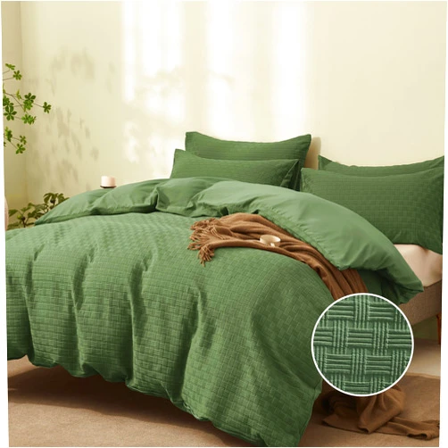 JELLYMONI Olive Green Duvet Cover Queen Size - 3 Pieces Soft and Breathable Microfiber Knitted Jacquard Waffle Weave Striped Comforter Cover with 8 Corner Ties & Zipper Closure