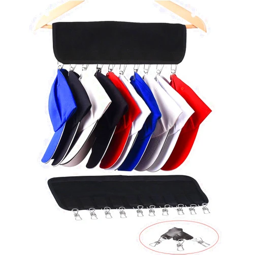Xy Litol Cap Organizer Hanger 2 PCS Foldable Hat Hanger for Baseball Caps,Portable Cap Holder Hat Racks with 10 Removable Velcro Stainless Steel Clips,Black