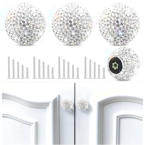 Soleebee 4 Pcs Bling Drawer Knobs,Decoration Dresser Cupboard Knobs,Bling Crystal Rhinestone Cabinet knobs,Round Pull Handle with Screws for Home Kitchen Bathroom Office (White)