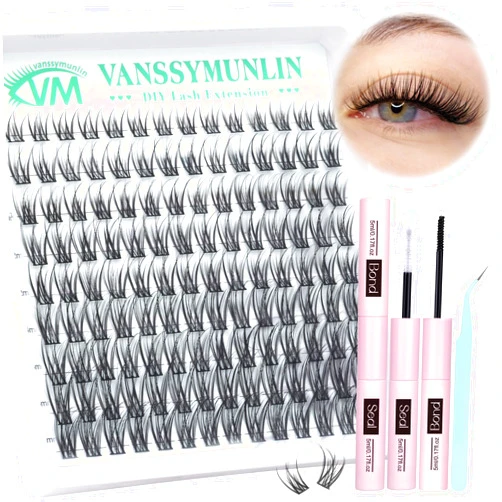 Vanssymunlin Wispy Lash Clusters Kit Natural Lash Extension Kit 8-16mm Cluster Eyelash Extensions Kit Individual Lashes C Curl Eyelash Clusters Lashes Kit with Lash Bond and Seal, Lash Tweezers for Self Use