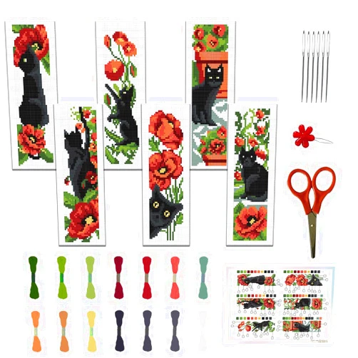 FREEBLOSS 6Pcs Cross Stitch Bookmark Kits Cat Stamped Embroidery Bookmarks Beginner Embroidery Kit with Instructions Counted Cross Stitch Kit for Hand Embroidery Adults