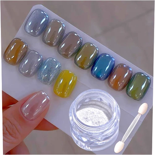 Fokostar White Pearl Chrome Nail Powder for Gel Nails Clear Glazed Donut Mirror Effect High Gloss Nail Glitter Pigment Powder, Moonlight Unicorn Nail Chrome Powder for Nail Gel Polish Design 1g