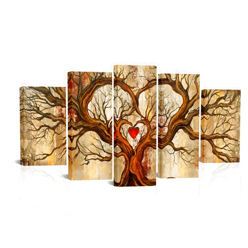 Biuteawal Large 5 Panel Tree Wall Arts Tree of Life Picture Photo Art Print on Canvas Vintage Brown Red Artwork for Home Office Decor Gallery Wrap