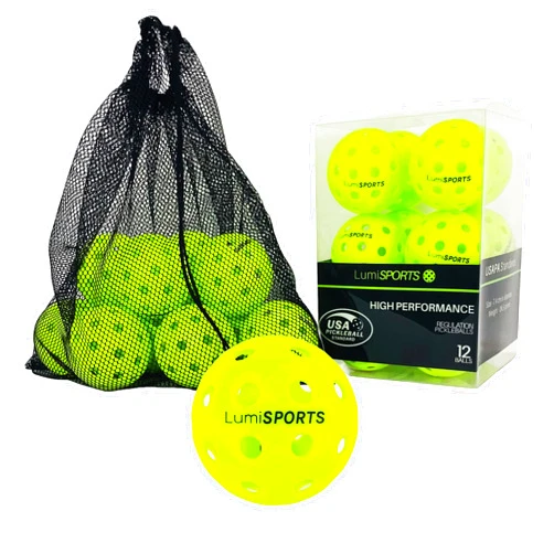 Lumi SPORTS 12-Pack Premium Pickleball Balls | 40 Holes Outdoor Fluorescent Green Balls | All-Surface Play | Crack-Resistance | Convenient Drawstring Mesh Bag | USAPA Standard Size and Weight