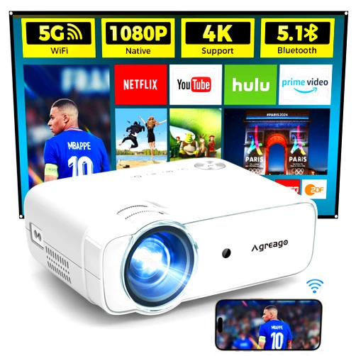Agreago Projector with WiFi and Bluetooth, 5G WiFi 4K Supported Native 1080P 14000L, AGREAGO Portable Outdoor Projector with Screen, Home Theater Projector Compatible with TV Stick/iOS/Android/Win/HDMI/USB