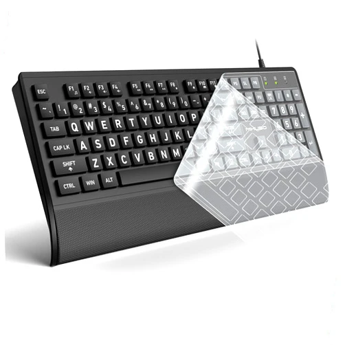MIKUSO Large Print Computer Keyboard,High Contrast Big Letter Keyboard for Seniors Visually Impaired Low Vision,Laser Etched Non-Fade Keys,Wired USB Full Size with Wrist Rest for Windows（No Backlit）