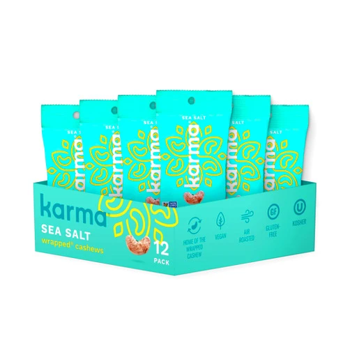 Karma Sea Salt Cashews with Skin by Karma Nuts, Whole, Roasted, Vegan, Gluten Free, Low Net Carb, Natural, Everyday Nut Snack, 1.5 Ounce (12 Snack Packs)