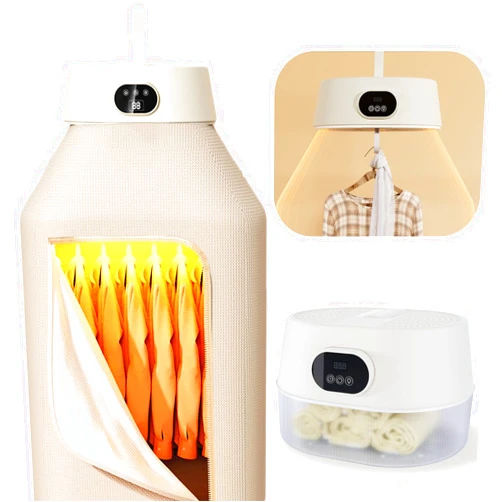 Fieldspark Portable Clothes Dryer, 2-in-1 Hanging & Desktop Drying Machine with Remote, 8H Timer, Foldable Compact Low Noise Fast-Drying Electric Dryer for Travel, Apartment, RV, Dorm, White