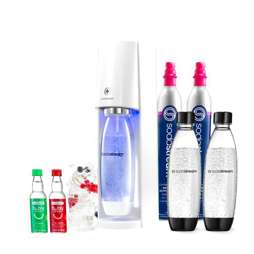 SodaStream E-TERRA Sparkling Water Maker Bundle (White), with CO2, Carbonating Bottles, and bubly Drops Flavors