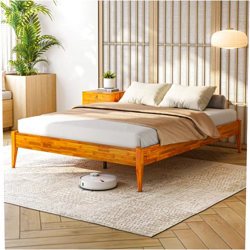 Bme Dinkee Queen Bed Frame Wood 15 Inch - Solid Wood Platform Bed Frame - Japanese Joinery Bed - Modern & Minimalist Style - Wood Slat Support - Easy Assembly - No Box Spring Needed - Caramel