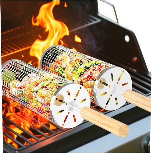 BCHWAY Rolling Grill Basket, Removable Wooden Handle, 304 Stainless Steel, Nesting Grilling Net, BBQ Accessories Tool for Vegetable Shrimp, Outdoor Cooking Camping, Christmas Birthday Gifts for Men Dad Husband