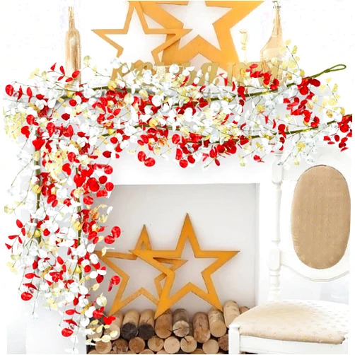 Tepaler 12 FT Christmas Garland 2 Pack Winter Garland with Red Gold Silver Eucalyptus Leaves Artificial Christmas Greenery Garland for Front Holiday Xmas Outdoor Indoor Decor