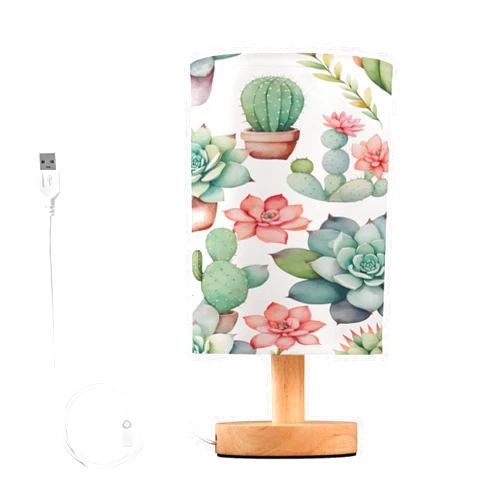 Quteprint Flower Succulents Cactus Bedside Table lamp for Bedroom, Led Desk Lamp Night Light with USB Port, Wood Base Nightstand Lamps, Reading Lamp for Office Dorm Living Room (LED Bulb Included)