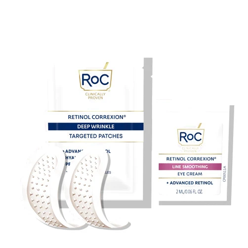 RoC Retinol Correxion Deep Wrinkle Non-Invasive Targeted Patches with Hyaluronic Acid + Firming Peptides for Forehead, 11 Lines, Crow’s Feet and Laugh Lines, (6 Patches) with Retinol Eye Packette