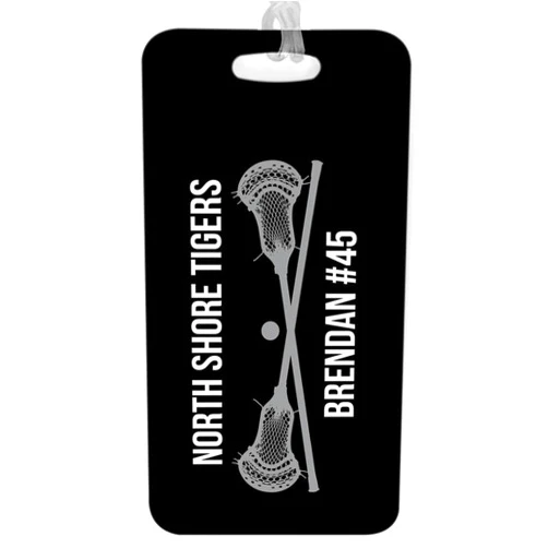 ChalkTalkSPORTS Guys Lacrosse Luggage & Bag Tag | Personalized Text with Crossed Lax Sticks | Standard Lines on Back | Large | Black/Gray