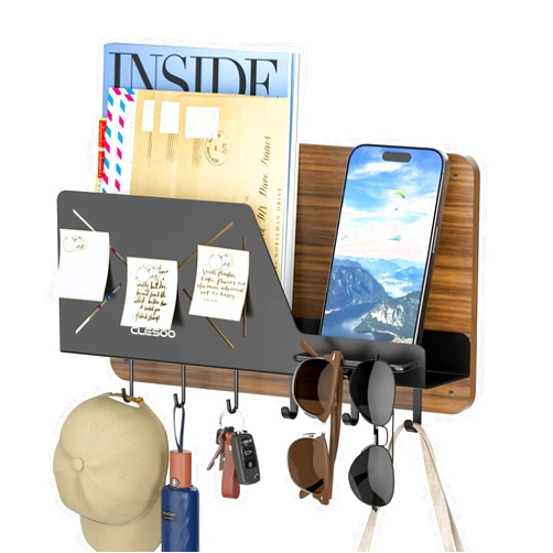 CLESOO Mail Holder Wall Mount - 6 Key Hooks Hanging Mail Organizer with Phone Holder - Letter Storage with Eyeglasses Holder, Magnets - Key Hanger with Shelf for Wall Entryway Hallway