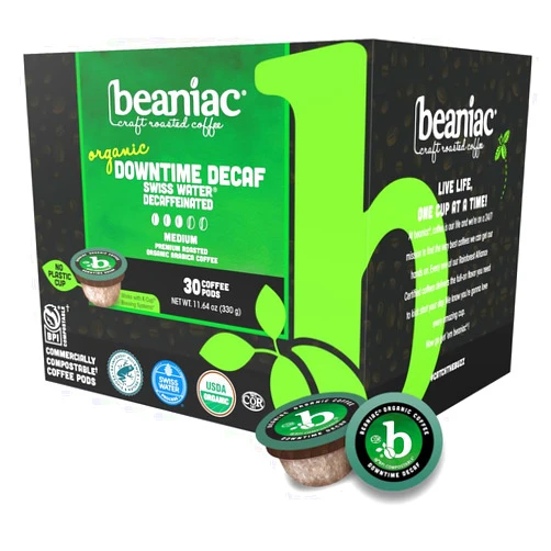 beaniac Organic Downtime Decaf Swiss Water Decaffeinated, Medium Roast, Single Serve Compostable K Cup Coffee Pods, Organic Arabica Coffee, Keurig Brewer Compatible, 30 Count