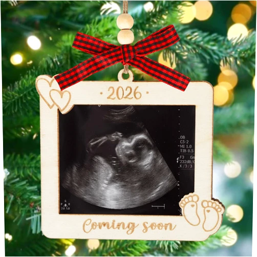 PAIVSUN Baby Ultrasound Picture Frame Hanging Ornament 2026, Baby Coming Soon Sonogram Photo Frame Pregnancy Announcement for Husband Grandparents, Wooden Christmas Gifts for Expecting Parents (Ultrasound)