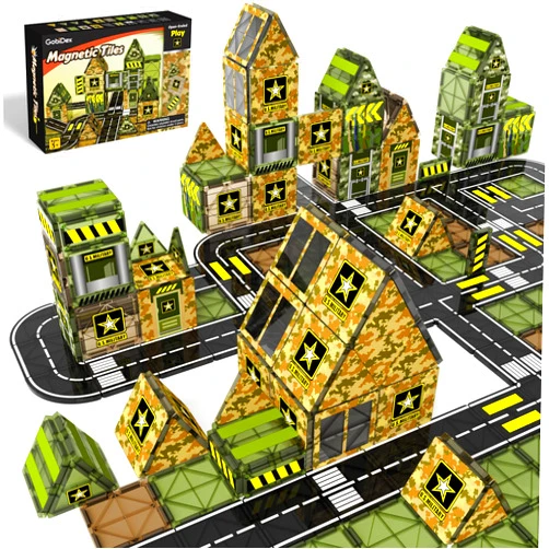 GobiDex Magnetic Tiles Army Toys, STEM Military Magnetic Building Blocks for Toddler Kids Ages 3-5 4-8, Sensory Magnet Construction Toys Birthday Gifts for 3+ Year Old Boys & Girls Army Men Playset