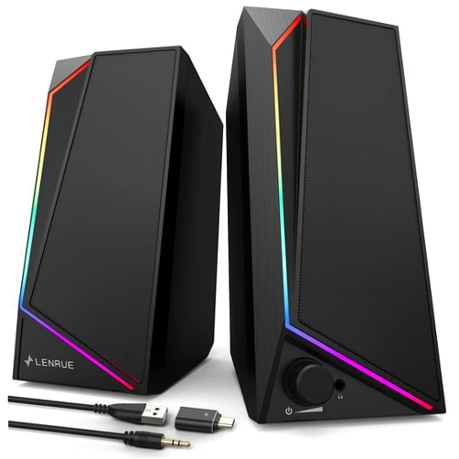 LENRUE Computer Speakers, USB/USB-C Powered PC Speakers with Loud Stereo Sound, Headphone-in for Desktop, Laptop, Monitor (USB-C to USB Adapter Included)
