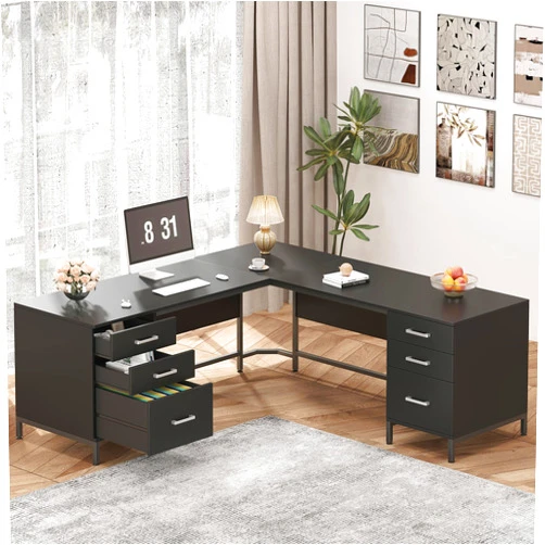 TVU 59’‘ L Shaped Desk with 6 Wood Drawers, Large Home Office Corner Computer Desk with Storage File Cabinet, Modern Metal Wood Desk for Executive Writing Study Workstation, Black