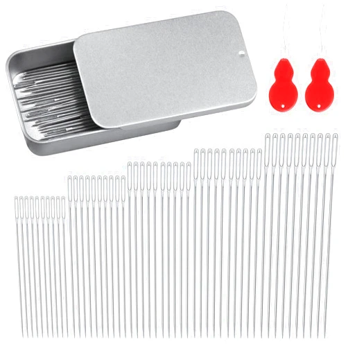 Yzzyemn 50 PCS Large Eye Sewing Needles,5 Sizes Hand Sewing Sharp Needle,Leather Needle, Embroidery Thread Needle, Stainless Steel Yarn Knitting Needles with Threaders for Hand Sewing Art Crafts