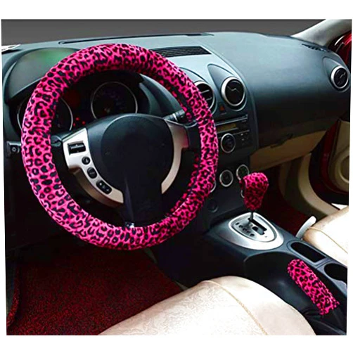 Mayco Bell 3 in 1 Soft Car Leopard Print Steering Wheel Cover handbrake Grip Gear Shift Collar Covers 38cm Short Plush Warm Winter for All Cars Red (Light Red)