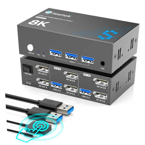 Hearvo 4K@240Hz KVM Switch 2 Monitors 2 Computers Displayport, 8K@60Hz KVM Switches for 2 Computers Sharing Dual Monitor Keyboard Mouse Hard Drives Printer,with EDID Adaptive, 2*USB Cable and Controller.