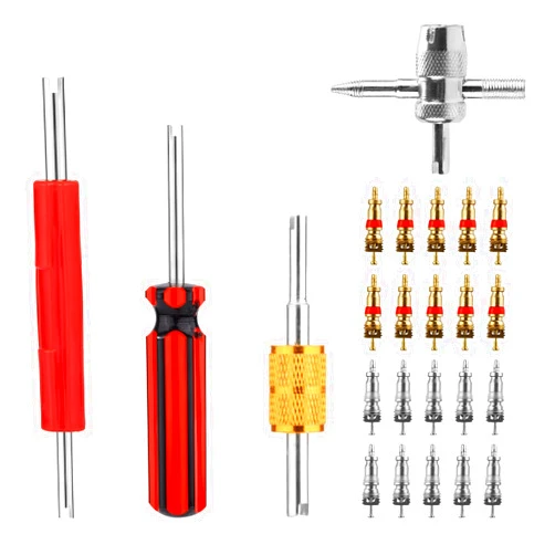 Gosknor Tire Valve Repair Tool Set, 4pcs Valve Stem Core Wrench Removal Tools & 10pcs Copper Valve Cores & 10pcs Copper Nickel Plated Valve Cores Remover Accessories Kit for All Standard Valves Cars Trucks
