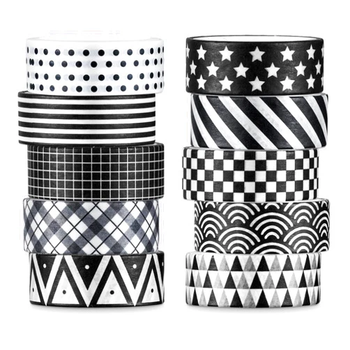 Whaline 10 Rolls Black White Washi Tape Checkered Plaids Stripes Stars Washi Masking Tape Assorted Geometric Pattern Black White Decorative Tape Sticker for Scrapbook Art Crafts Gift Wrapping