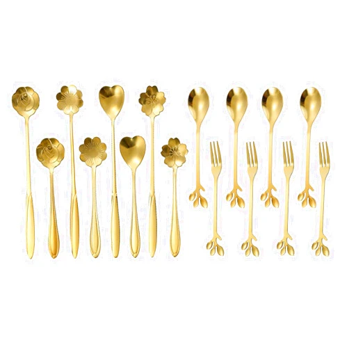 Ardanlingke 16 Pieces Dessert Spoon, Floral Spoon Set, Coffee Spoon Sugar Spoon Ice Cream Spoon Stirring Spoon, Reusable Stainless Steel Creative Dessert Spoon(Gold)