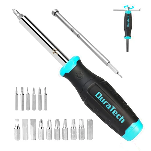 DURATECH Multi-bit Screwdriver Set, 18-in-1 Screwdriver with T-bar and Precision Screwdriver Stored in Shaft, Phillips/Slotted/Torx/Square, Professional All in One Tool Kit for Repairing