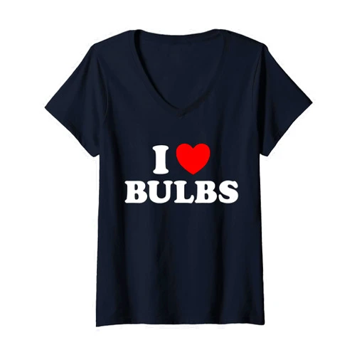 I Heart Bulbs Spring Gardening Bloom Lightbulb Fan Womens I Love Bulbs Funny Light Plant Garden Tulip Spring Flowers V-Neck T-Shirt