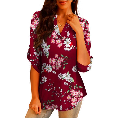 a.Jesdani Women's Plus Size Tops 3/4 Roll Sleeve Shirts V Neck Blouses Tunic Top