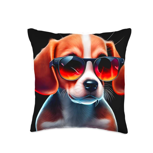 Funny and Cute Dog Lover Unique Digital Art Cute Adorable Beagle Puppy with Sunglasses Comic Digital Art Throw Pillow, 16x16, Multicolor