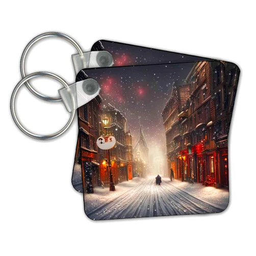 3dRose Key Chains Snowfall, fantastic city, stars, nomad on the street. Funny gift (kc-373786-1)