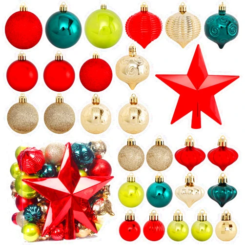 BSTDECOR Christmas Ornaments Set, 52 Pack Red Green Gold Christmas Tree Ornaments Set with Shatterproof Hanging Decorative Baubles and Star Tree Topper Christmas Decoration for Tree Home Office Party