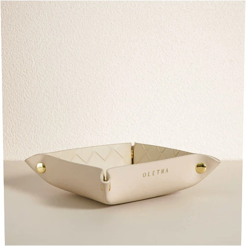 OLETHA Small Valet Tray - Travel Catch All Bowl for Keys, Jewelry, Wallet & Change - Aesthetic Desk Organizer for Vanity, Entryway, Nightstand, Bedside & Coffee Table - Woven Textured, Beige