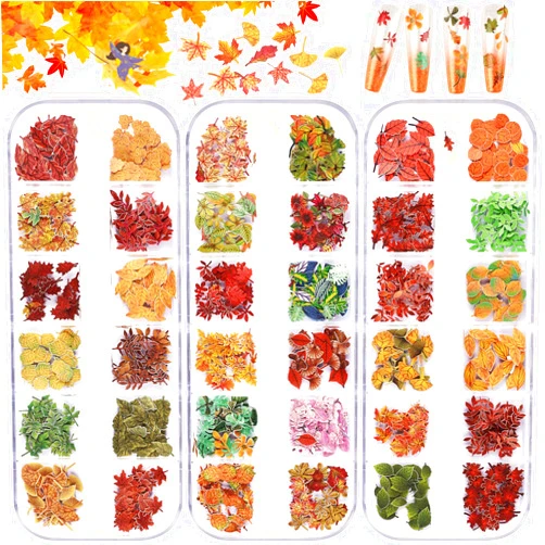 Kalolary 3 Boxes Fall Leaves Nail Art Sequins, 3D Maple Sycamore Ginkgo Leaf Nail Stickers Wood Pulp Glitter Flakes for Autumn Nail Art Decorations