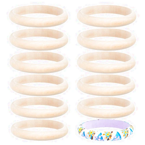 arricraft 12 Pcs Woods Bangle Bracelets, Bisque Unfinished Natural Wooden Rings Blank Wood Circles Ring Pendant and Connectors for Craft Project DIY Jewelry Making Painting Weaving