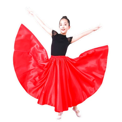 Aumulen Girls Satin Full Circle Ankle Length Swing Long Skirt Belly Dance Performance Costume for School Children 8-12 Years