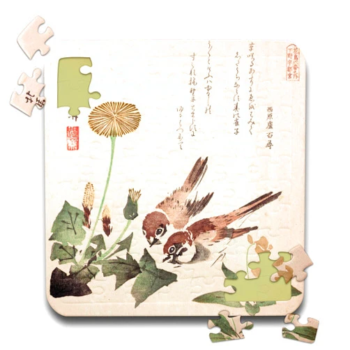 3dRose Japanese Vintage Art Sparrow Birds and Dandelion Flowers Beige Green - Puzzles (pzl-364633-2)