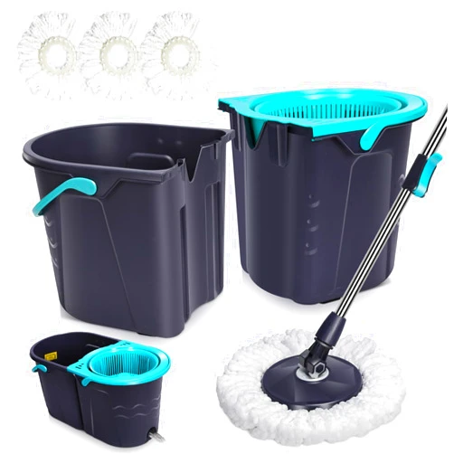 MASTERTOP Mop and Bucket with Wringer Set for Home, 360°Spin Mop with Adjustable Stainless Steel Handle,Spinning Mop for Home,Double Bucket System for Floor Cleaning - 3 Microfiber Heads