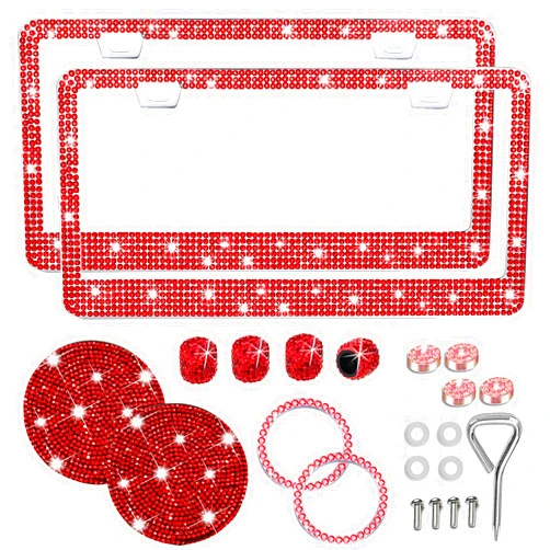 Shutuan Red Bling License Plate Frame 2 Pack Rhinestone License Plate Frame Car License Plate Frame Sparkly License Plate Frame Holder Bedazzled Glitter License Plate Frame Universal Fit Car Front Rear