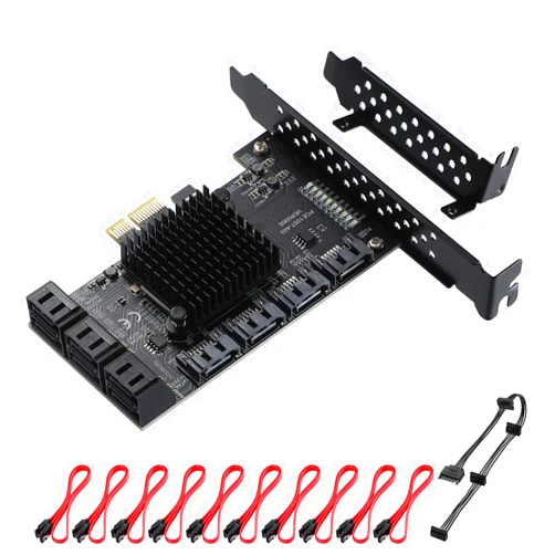 MZHOU PCI-E 1X Interface 3.0 10 Port SATA Card with 10 SATA Cables & SATA Power Splitter Cable and Low Profile Bracket - 6Gbps SATA 3.0 PCIe Card,Support 10 Port SATA 3.0 Devices